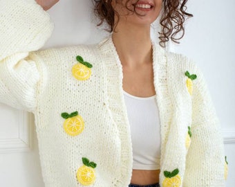 Cotton knitted lemon cardigan, new season lemon slices fruits embroidery sweater, trendy woman clothes, gift cute sweater, handmade jumper