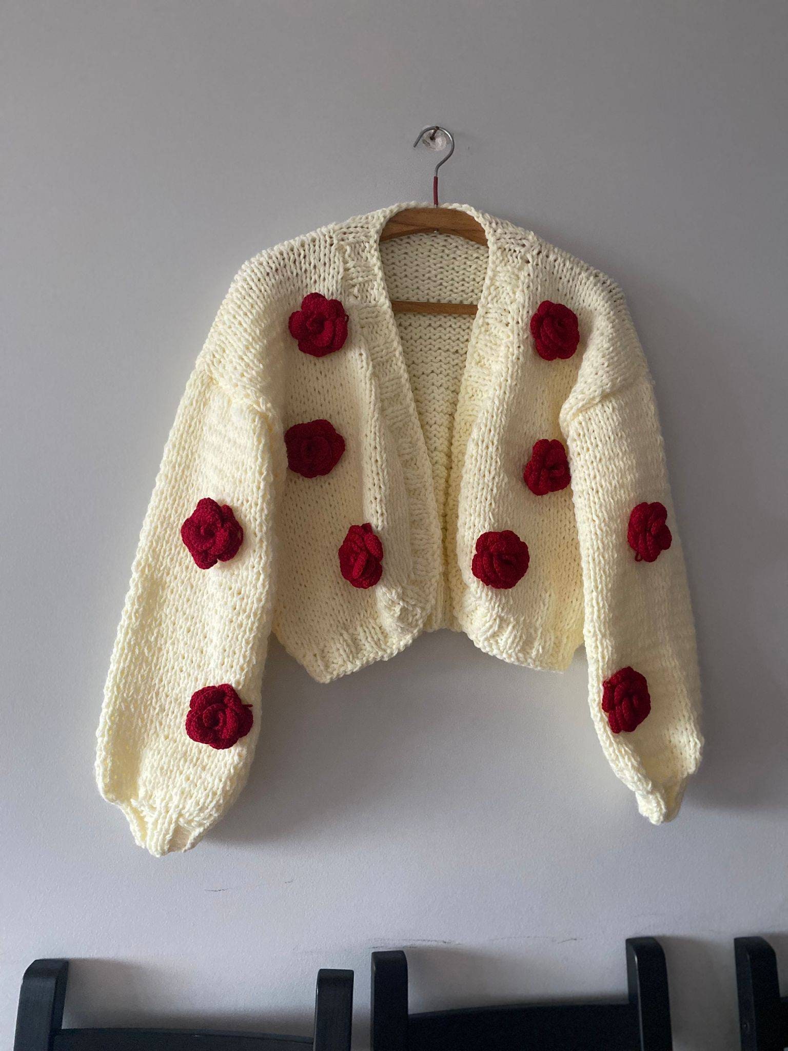 Red Rose Cardigan, Woman Gift Cardigan, Floral Handmade