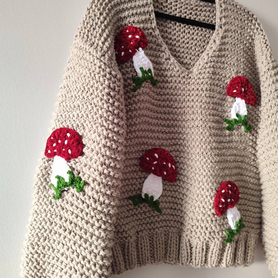 Mushroom Sweater Women Beige Chunky Pullover 3D Mushrooms - Etsy Sweden