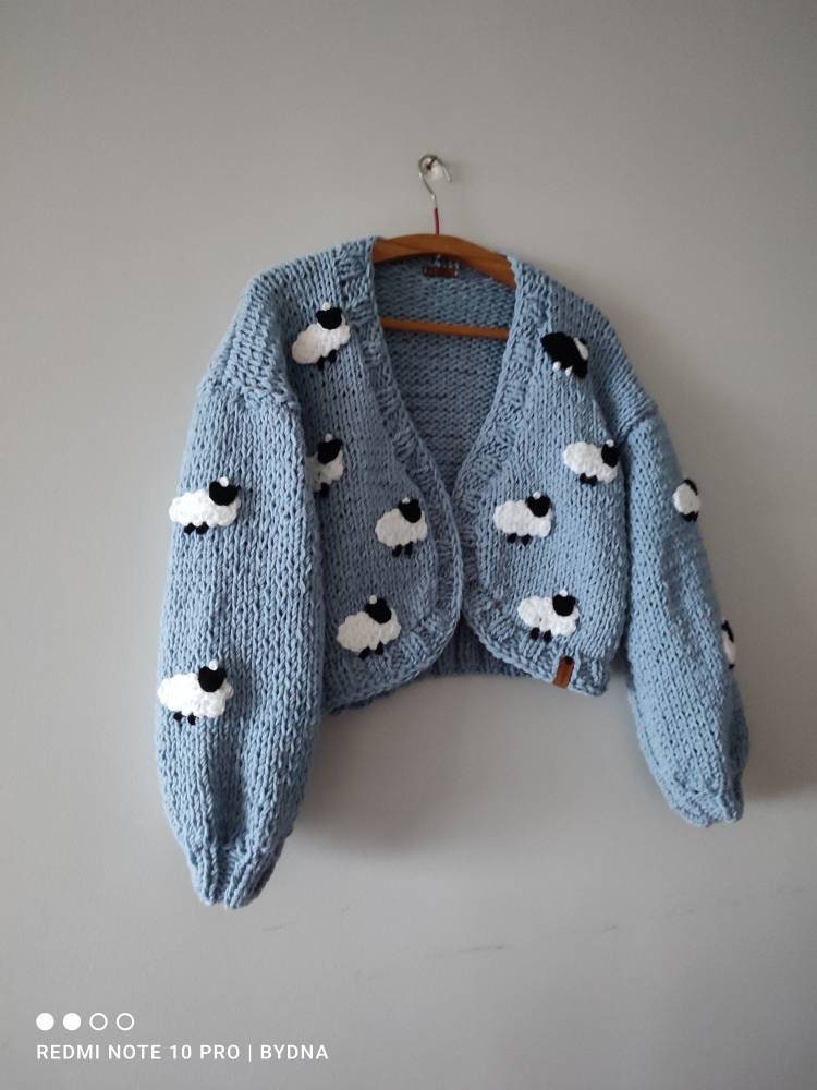 Sheep Blue Cardigan, Trendy Chunky Sweater, Black Sheep on Whites