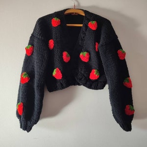 Black strawberry cardigan, crop chunky sweater, trendy famous cardigan, custom women clothing, handmade embroidery vest, best christmas gift