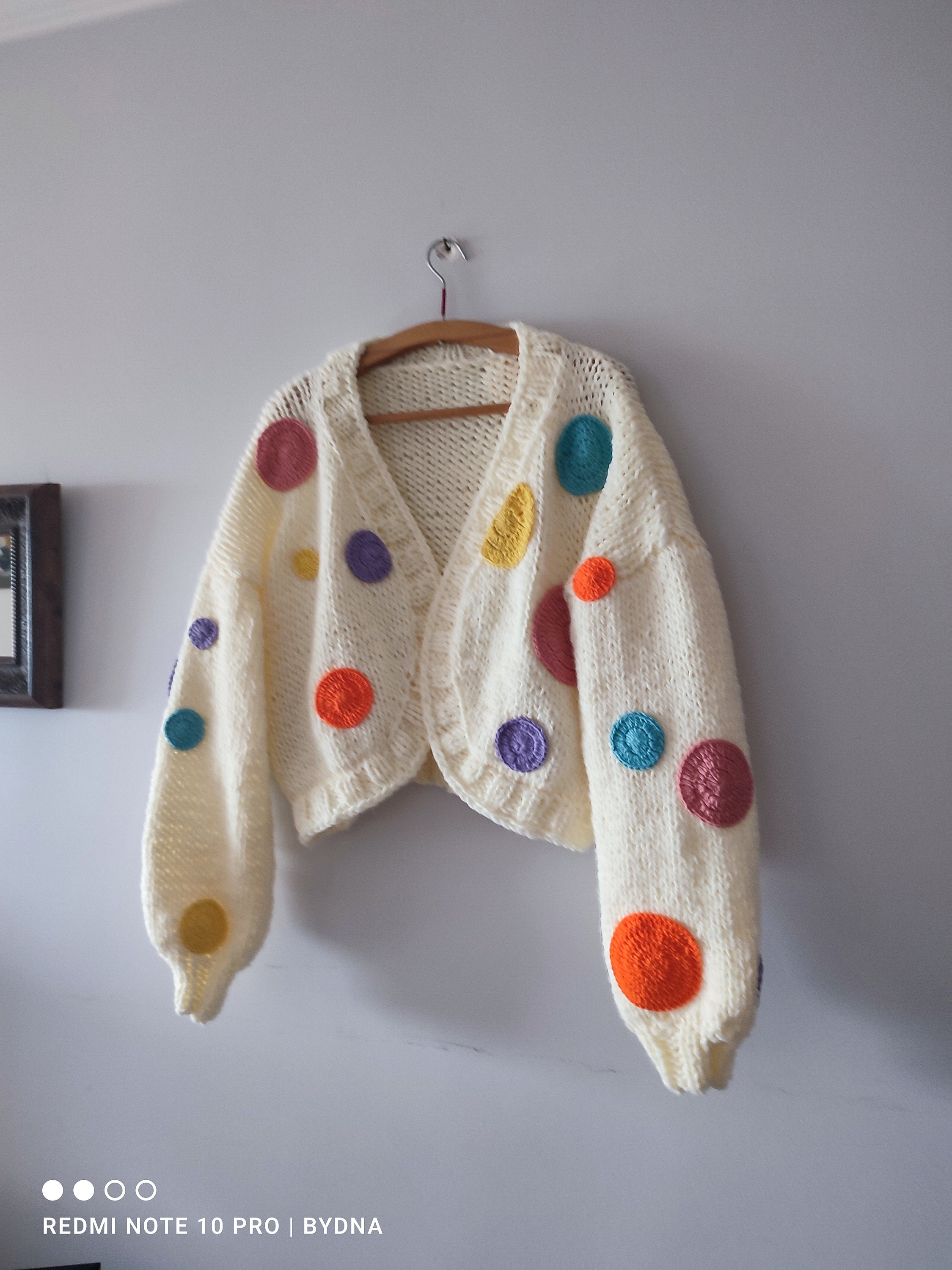 Polka Dots Handmade Chunky Cardigan, Colorful Embroidery Jumper