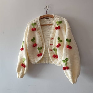 Oversize cotton Cherry cardigan, woman fruit embroidery jumper, handmade trendy sweater for spring summer, fashionable gifts for her, y2k