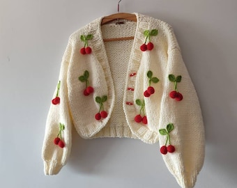 Oversize cotton Cherry cardigan, woman fruit embroidery jumper, handmade trendy sweater for spring summer, fashionable gifts for her, y2k