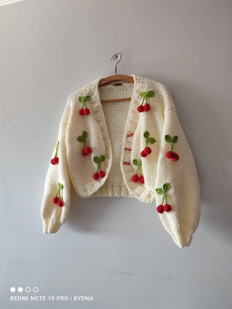 Oversize Cotton Cherry Cardigan, Woman Fruit Embroidery Oversize Cotton Cherry Cardigan, Woman Fruit Embroidery