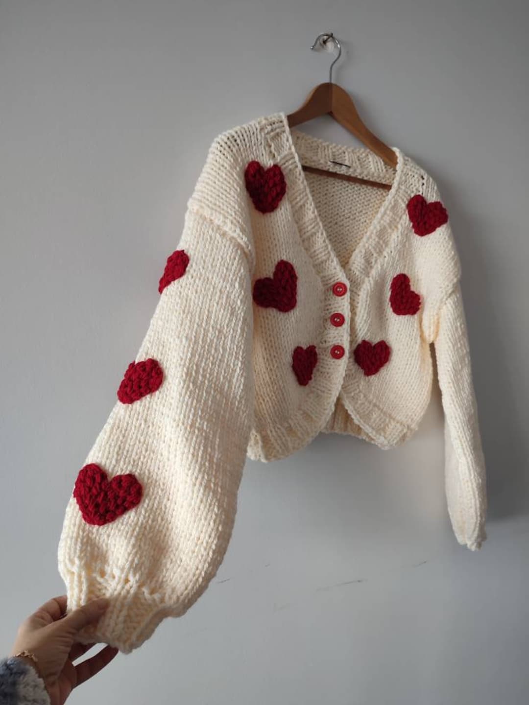 【GRAVER】sleeve heart logo embroidery knit cardigan Pulcykp Embroidery Heart Knit Women Cardigan Sweater V Neck