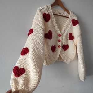 Red heart woman gift cardigan, custom order  12 heart embroidered gifts for her sweater woman jumper, creamy black pink knit with 3 buttons