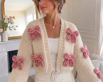 Chunky Knit Handmade Cardigan with Ribbon Motifs, Handmade Oversized Sweater, Cozy Gift for Her, No Custom Fees