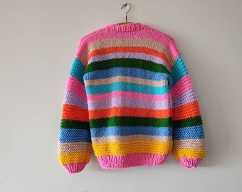 【IONSEOUL】Swing Angora Striped Knit 5FM0007 Colorful Angora Cardigan, Custom Neon Striped Sweater