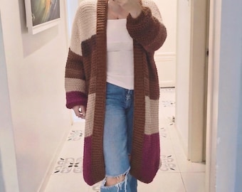 Angora Mohair Knit Long Cardigan, Beige Brown and Plum Maxi Sweater, Handmade Winter Coat, Boho Outerwear, Gift for her