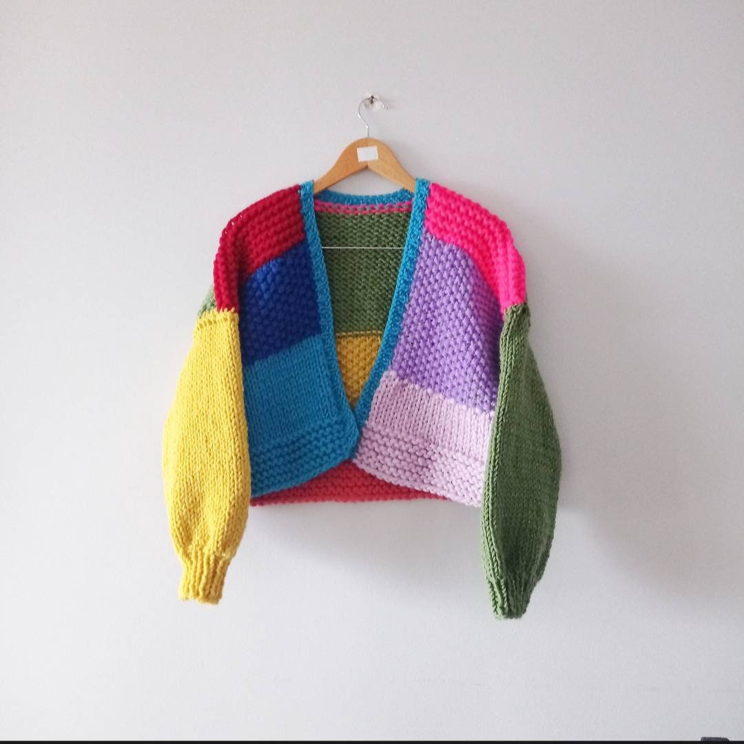 Oversize crop chunky sweater cardigan multicolor for woman | Etsy