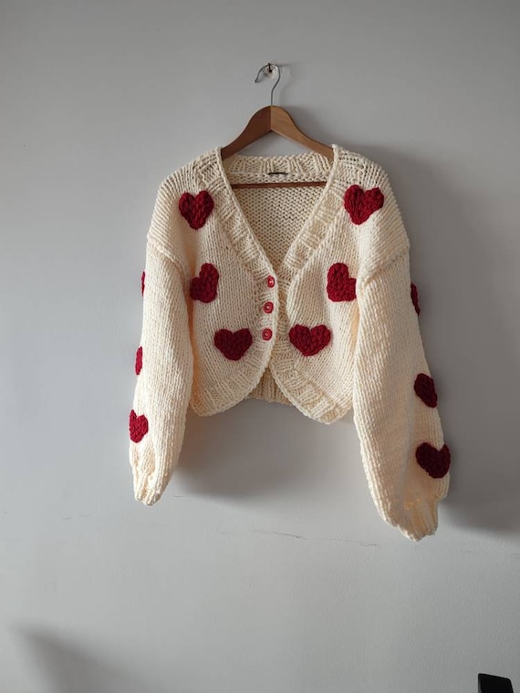 Cotton Heart Cardigan, Knitted All Seasons Sweater, Custom