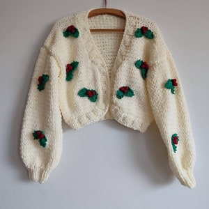 Handmade Christmas Cardigan, Crochet Holly Berry Appliqué Sweater ...