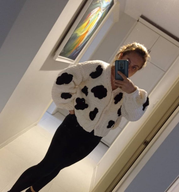 Cow Print Chunky Cardigan for Woman, Cow Print Patches Cow Print Chunky Cardigan for Woman, Cow Print Patches