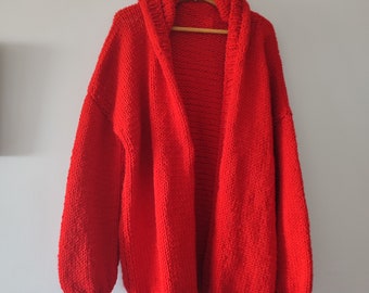 Hooded red cardigan, handmade woman wear, oversize cardigan, school girl gifts, knitted oversize jacket, cardigan with hoodie, trendy gifts