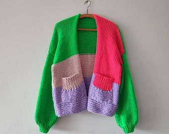 Anti allergenic cardigan, neon green and pink streetwear, gift for mom sweater, spring summer nights  jumper, oversize casual cardigan
