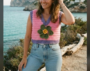 Handmade Floral Knit Sweater Vest, Pink Lilac V-Neck, Y2K Style