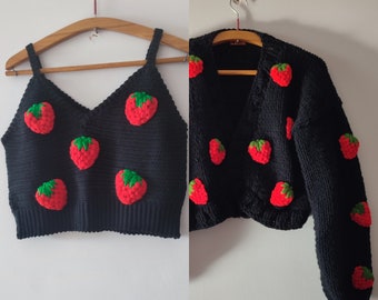 Strawberry Cardigan, tank top set , black cotton tank top, trendy strawberry knitwear, all seasons women outfit, 2 pieces gift sweater