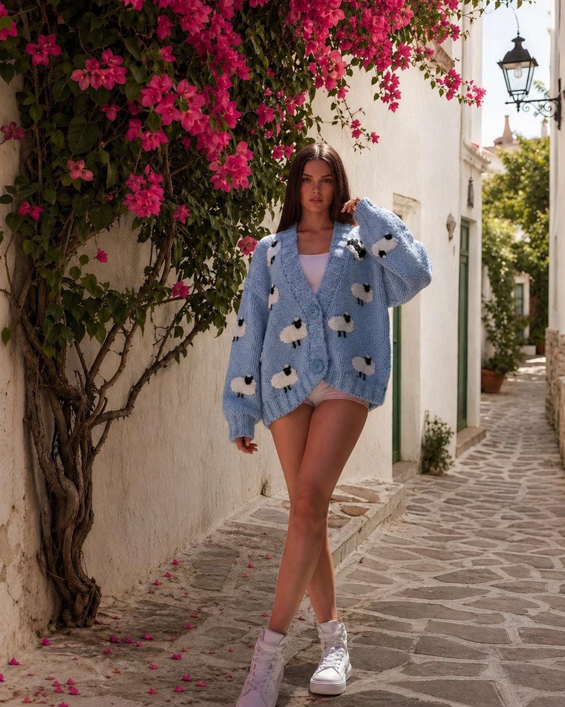 Blue Sheep Hand Knit Cotton Cardigan, Cute Aesthetic Oversized