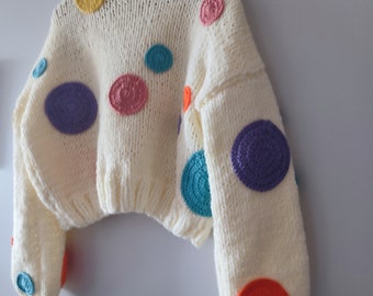 Woman polka dots cardigan, gifts for mother's day, embroidery sweater, stylish handmade jumper, famous gifts for her, trendy women wear