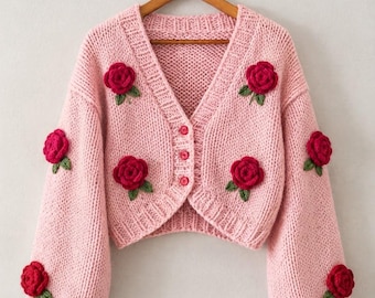 Lady Rosette Cardigan, Cozy Gifts sweater for her, Pink rose 3d embroidered jumper, Gifts for girlfriend