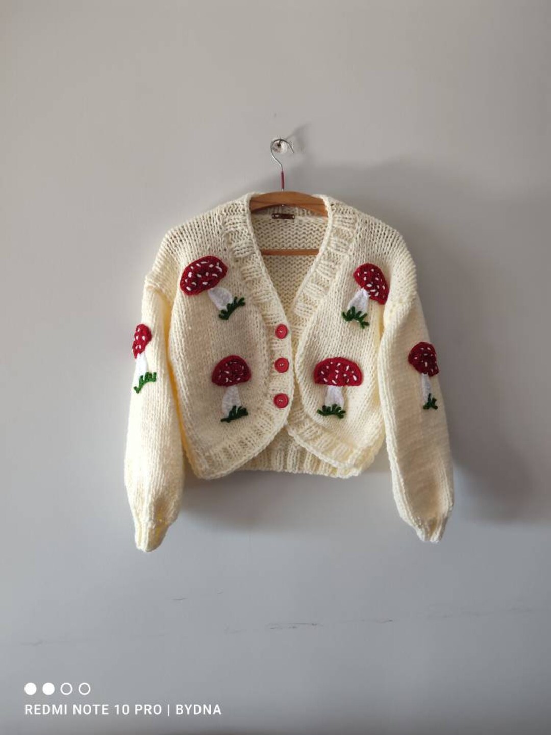 Red Mushroom Woman Cardigan, Fluffy Custom Sweater, Mushroom Embroidery