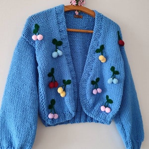 Women cherry chunky cardigan, women clothes, oversize knit crop jumper sweater, unique mothersday gifts for her, trendy sweater bolero