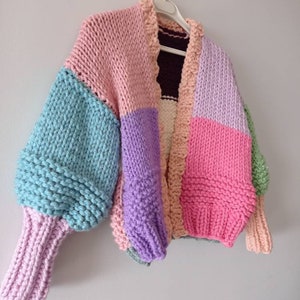 Chunky woman cardigan, cute colors cardigan, oversize trendy jumper, colorblock jacket, knitted custom gifts, rainbow woman clothes