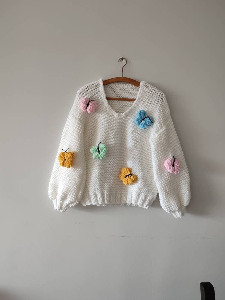 Butterfly Easter Sweater, V Neck Chunky Pullover, All Butterfly Easter Sweater, V Neck Chunky Pullover, All