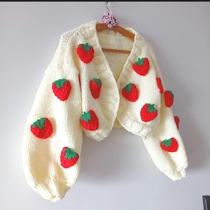 Strawberry Knit Cardigan, embroidery fruit Sweater, Cottagecore school Gifts, Handmade Chunky Crop Cardigan, Aesthetic Knitwear for Girls
