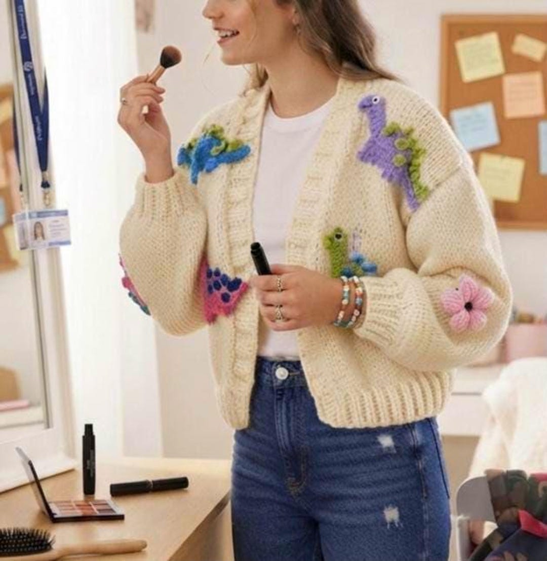 Handmade Cotton Blend Dinosaur Embroidery Cardigan, Animal Knit