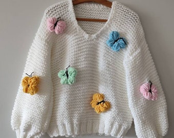 Butterfly Easter Sweater, V Neck Chunky Pullover, All Butterfly Easter Sweater, V Neck Chunky Pullover, All
