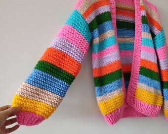 【IONSEOUL】Swing Angora Striped Knit 5FM0007 Colorful Angora Cardigan, Custom Neon Striped Sweater