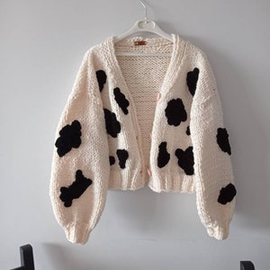 Cow print chunky cardigan for woman, cow print patches sweater , oversize knitted cardigan , cow sweater, woman clothes, gifts for her.