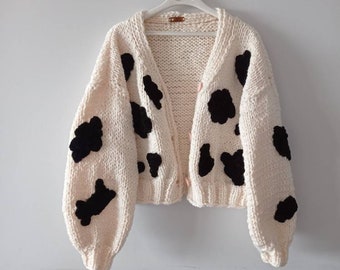 Cow print chunky cardigan for woman, cow print patches sweater , oversize knitted cardigan , cow sweater, woman clothes, gifts for her.