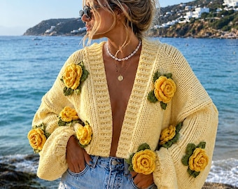 Butter Yellow Crochet Cardigan, Handmade 3D Rose Knit Bolero, Floral Cottagecore Cotton Sweater, Personalized Gift for Her, Aesthetic Chunky