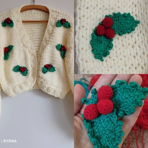 Handmade Christmas Cardigan, Crochet Holly Berry Appliqué Sweater ...