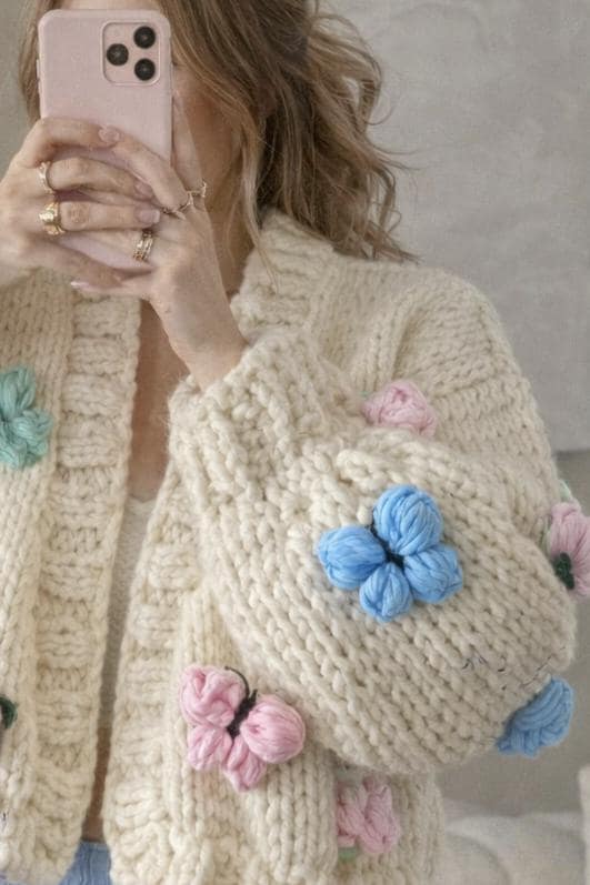 Chunky Butterfly Knit Cardigan, Embroidered Ivory Jumper