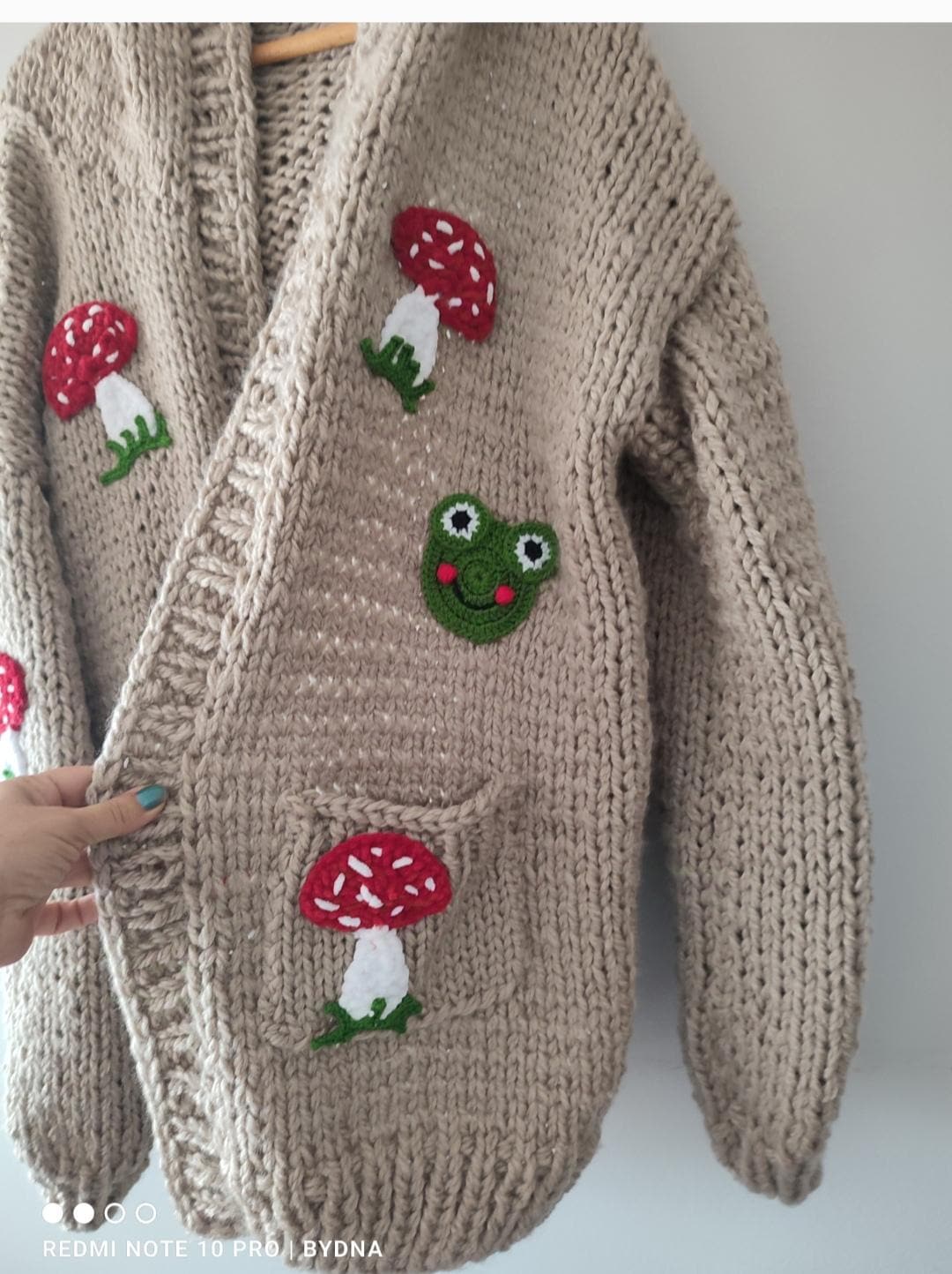 Embroidered Mushroom Frog Knit Cardigan - Oversized Hooded Jacket