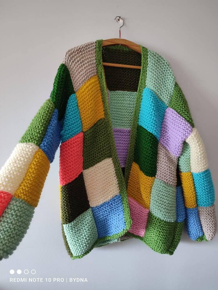 Patchwork Mohair Cardigan, Large Cardigan, Patch Multicolor