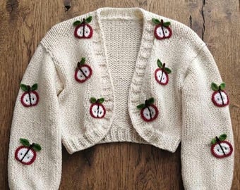 Apple Embroidery Knit Cardigan, Handmade Crochet Red Apple Applique Jumper Sweater, Chunky Handmade Sweater