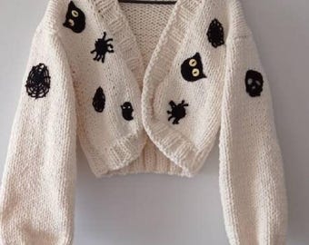 Halloween Party Kleidung, Weihnachtsgeschenke für Sie, grobstrick Strickjacke im Gothic-Stil, handgefertigter einzigartiger Design-Outfit-Pullover