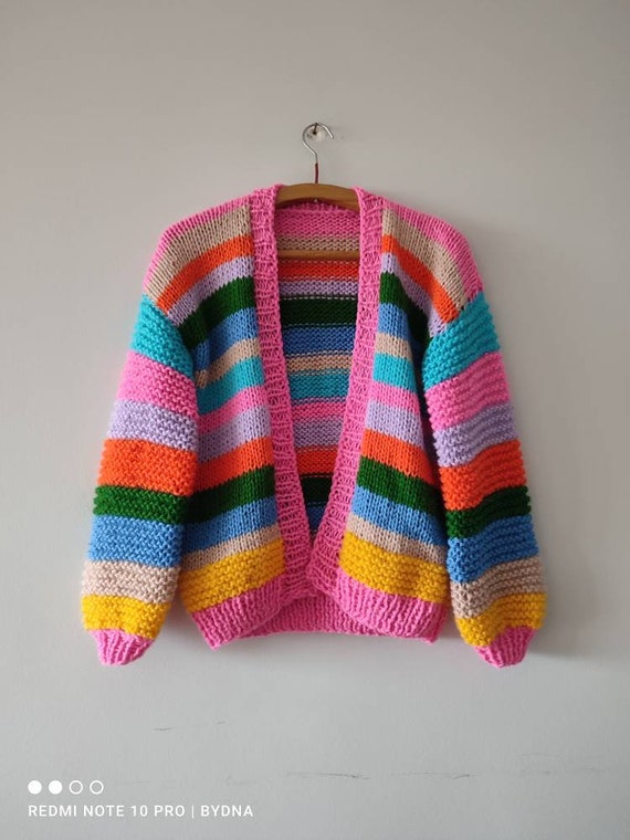 Ameri★ANGORA COLOR KNIT Colorblock Striped Angora Bright Cardigan, Woman Winter Cozy