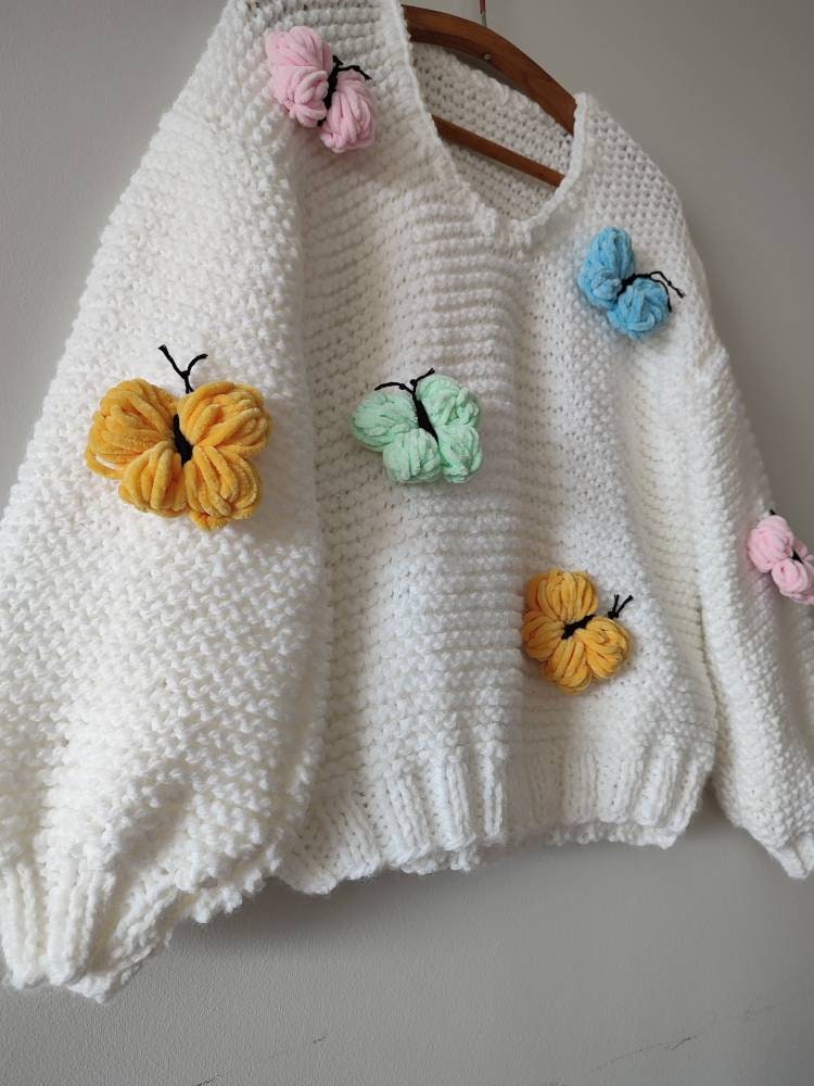 Butterfly Easter Sweater, V Neck Chunky Pullover, All