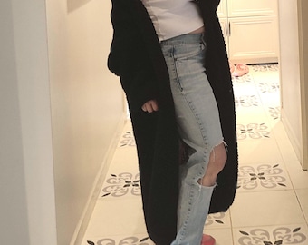 Black Maxi Mohair Cardigan, Handmade Chunky Knit Angora Sweater Coat