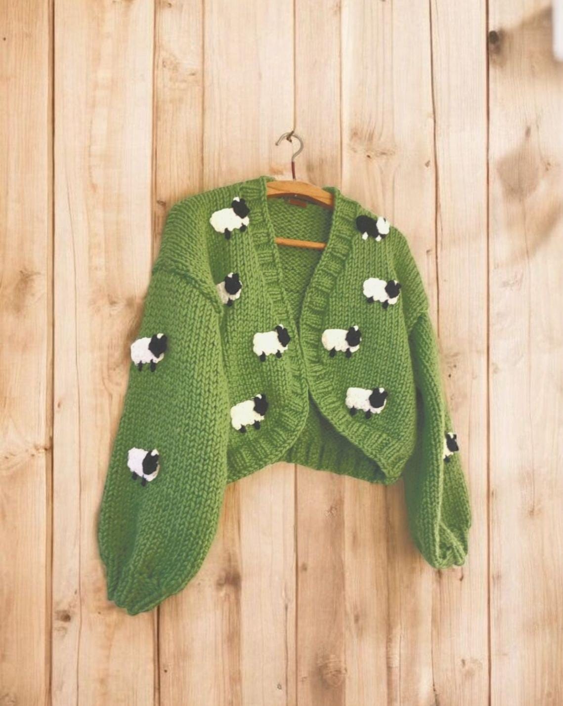 Chunky Knit Green Sheep Cardigan – Cozy Handmade Oversize Sweater