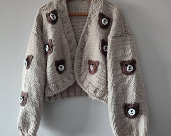 【GRAVER】Small Bear Embroidery Smile Knit Cardigan Small flower bear face smile embroidery knit cardigan