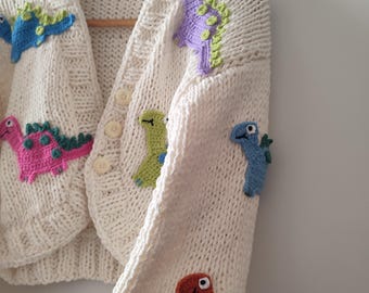 Handmade Cotton Blend Dinosaur Embroidery Cardigan, Animal Knit