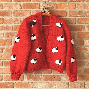 Red sheep cardigan, mid length chunky knit jacket, cute oversized handmade sweater, cozy red wool cardigan gift