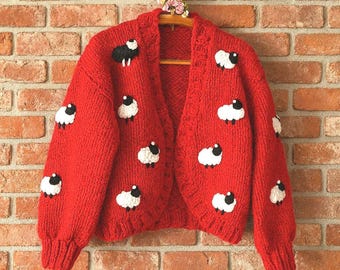 Red Sheep Cardigan, Mid Length Chunky Knit Jacket, Cute Oversized